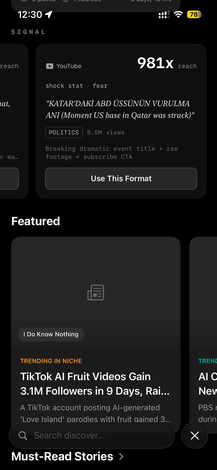 Moons discover feed showing signal cards with reach stats