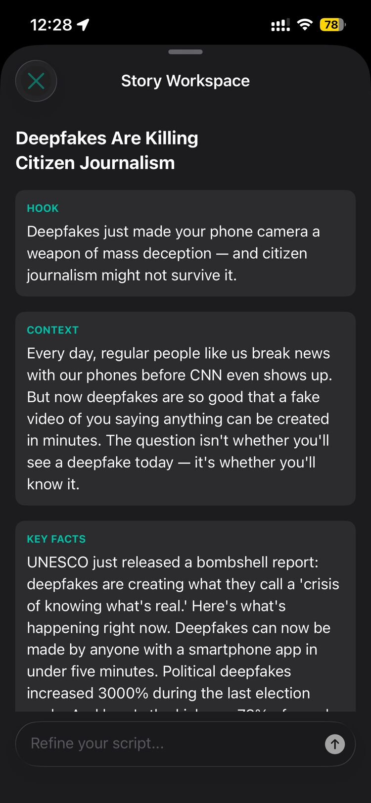 Story workspace showing AI-generated script